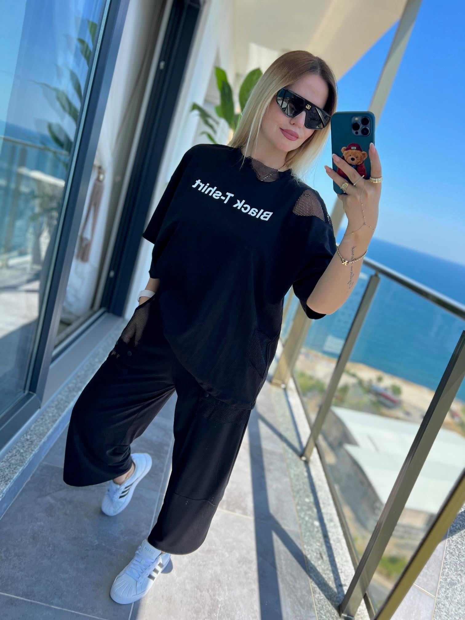 23411 File Detaylı Tshirt SİYAH