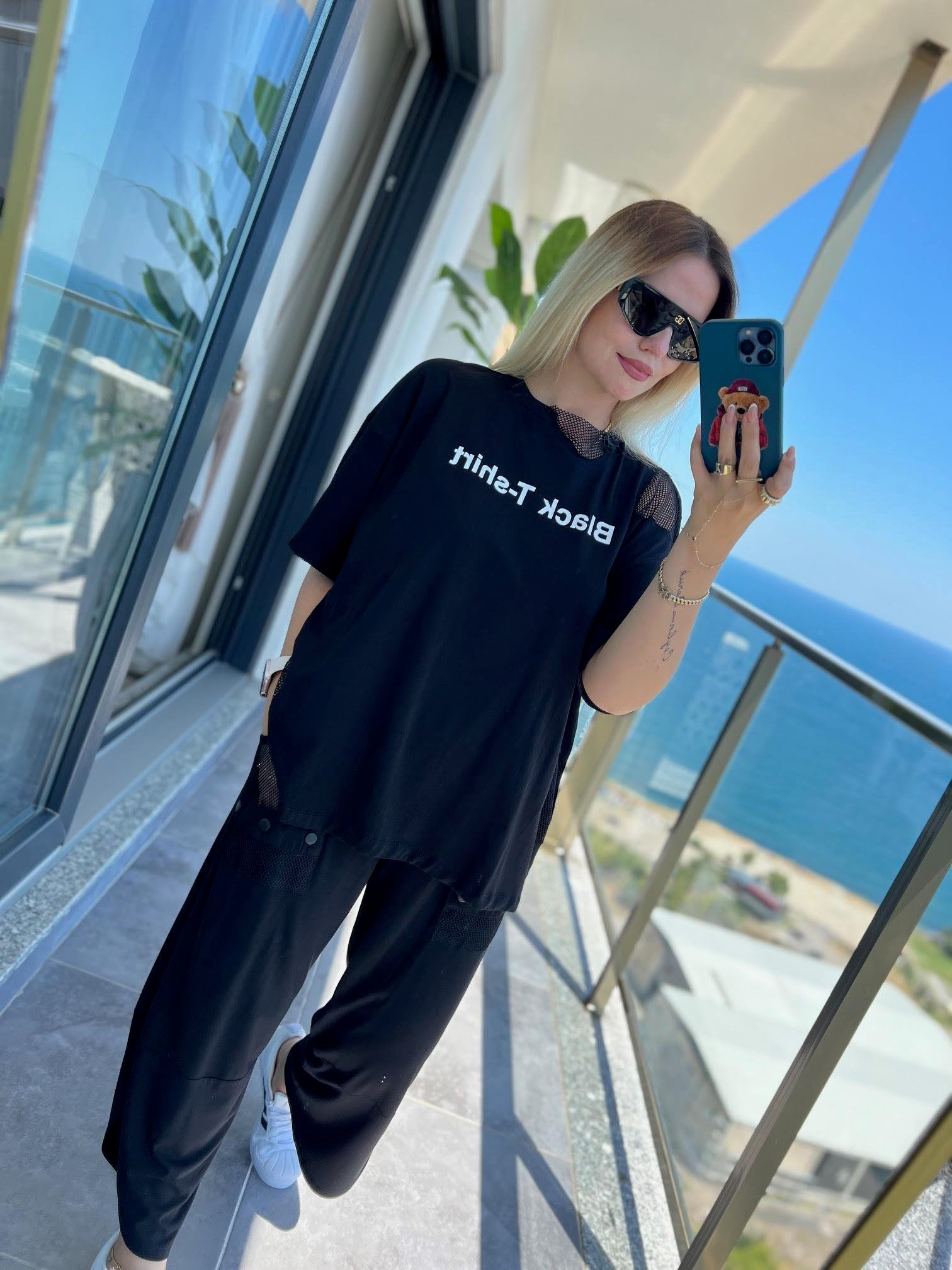 23411 File Detaylı Tshirt SİYAH