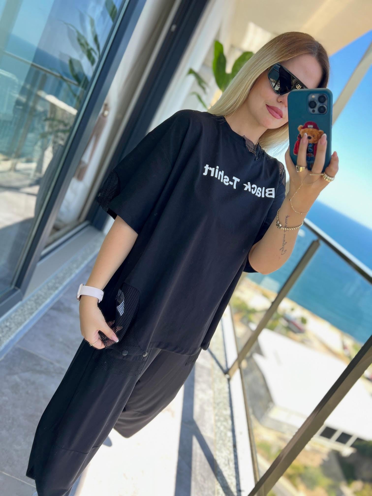 23411 File Detaylı Tshirt SİYAH
