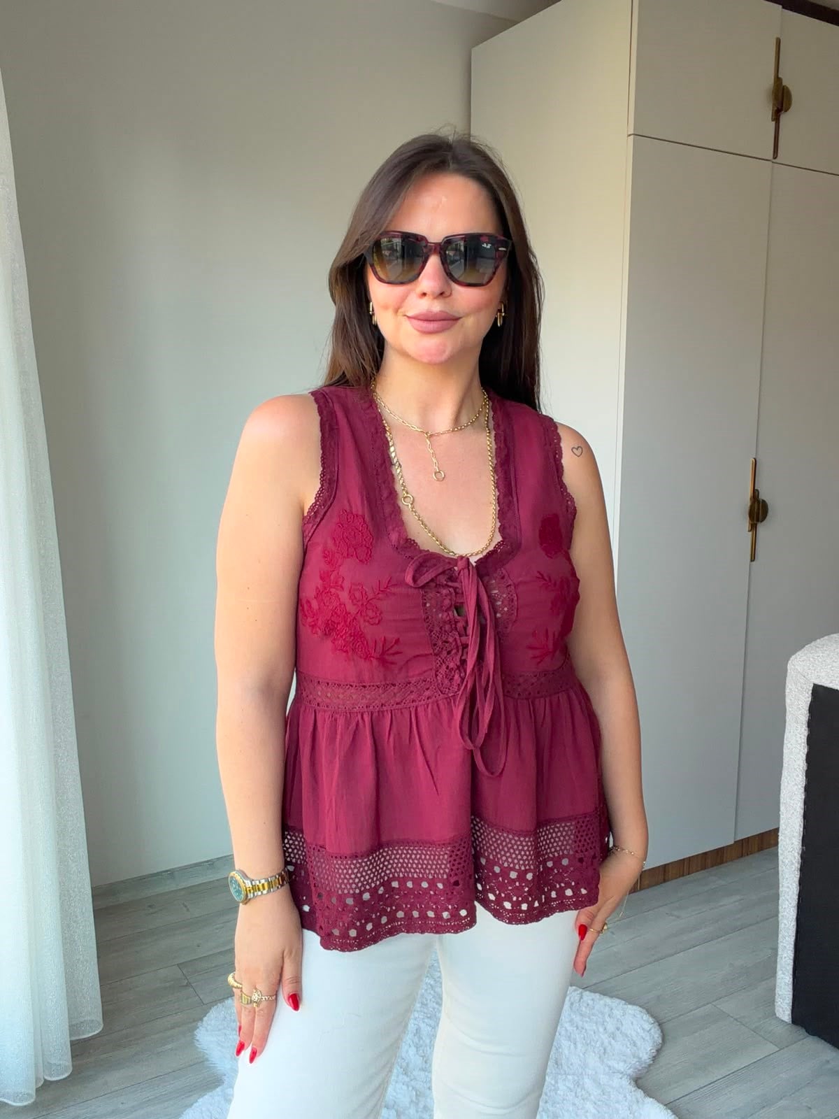 2347 Dantel Detaylı Nakışlı Bluz BORDO