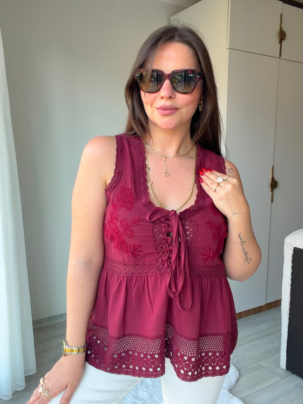2347 Dantel Detaylı Nakışlı Bluz BORDO