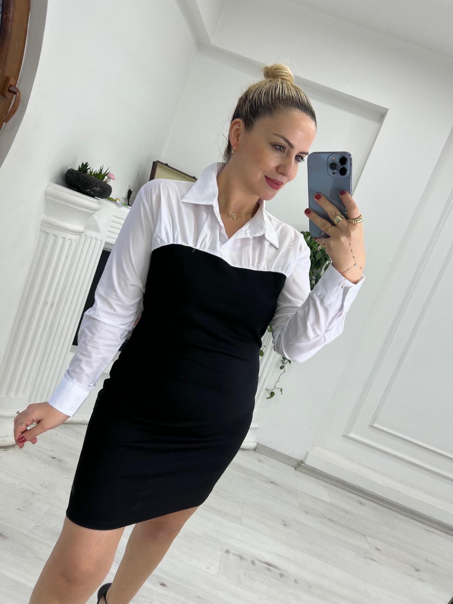 23667 Gömlek Garnili Elbise SİYAH