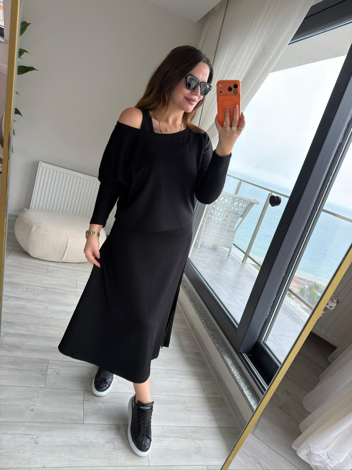 2375 Modal Bluz Elbise Takım SİYAH