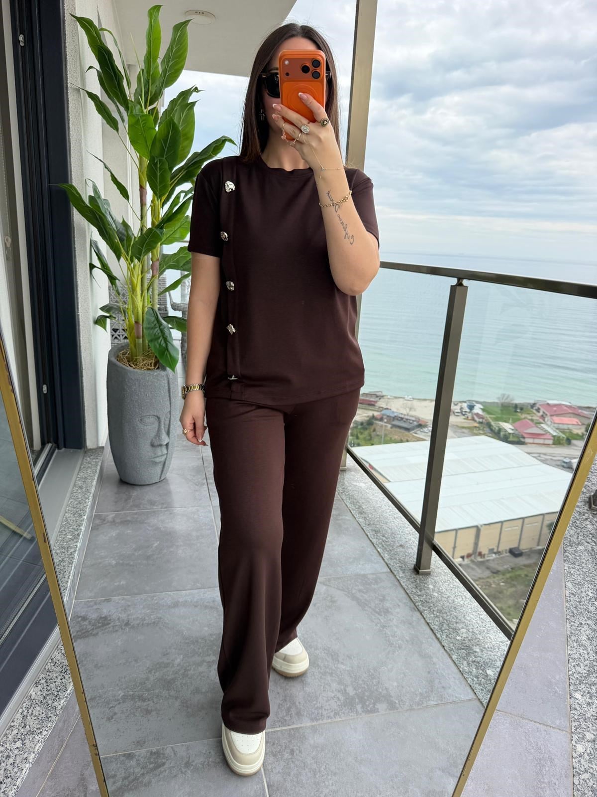 2401 Patlı Gold Düğmeli Takım KAHVE