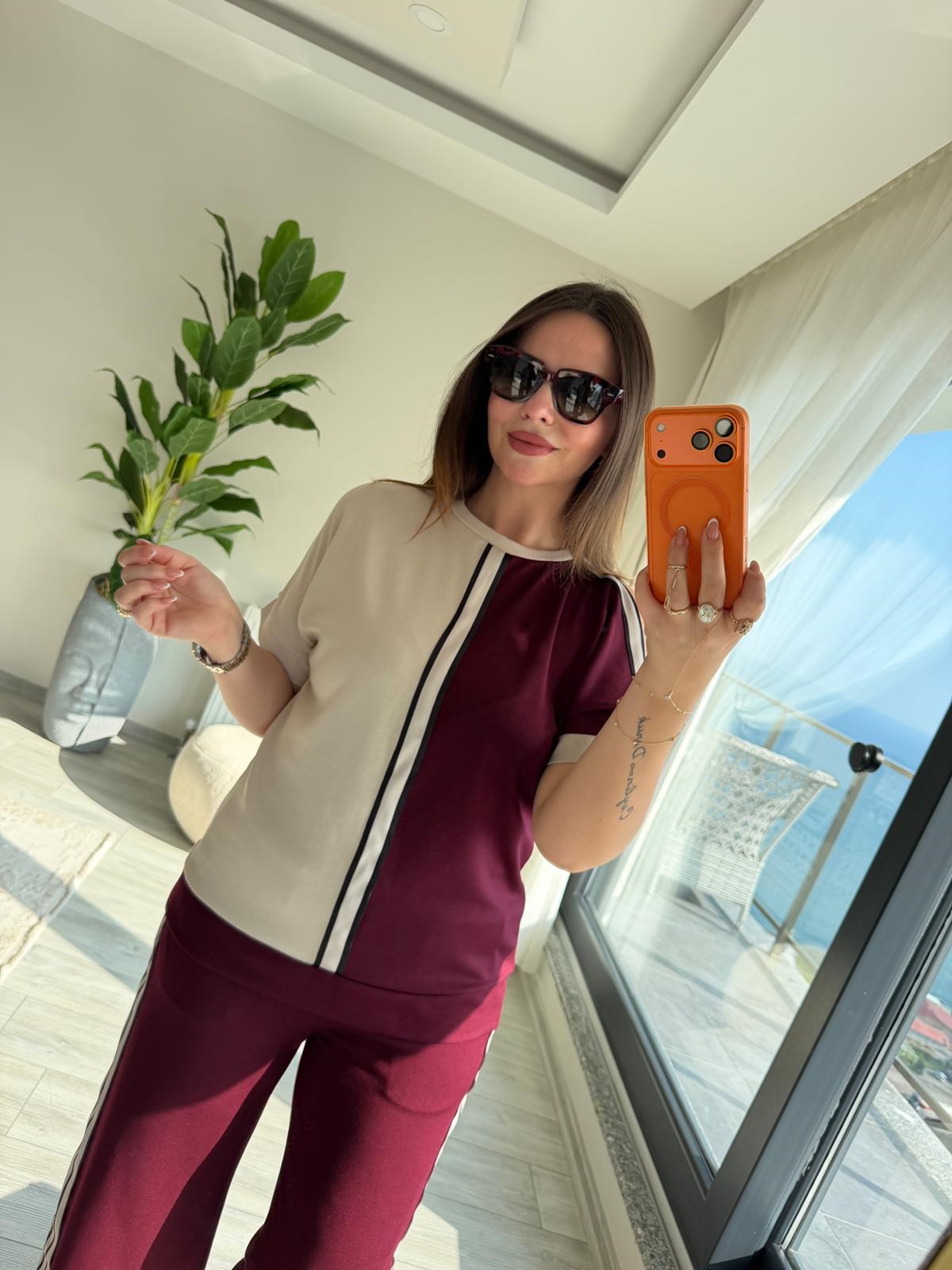 2402 Kısa Kollu Garnili Omuz Detay Takım BORDO