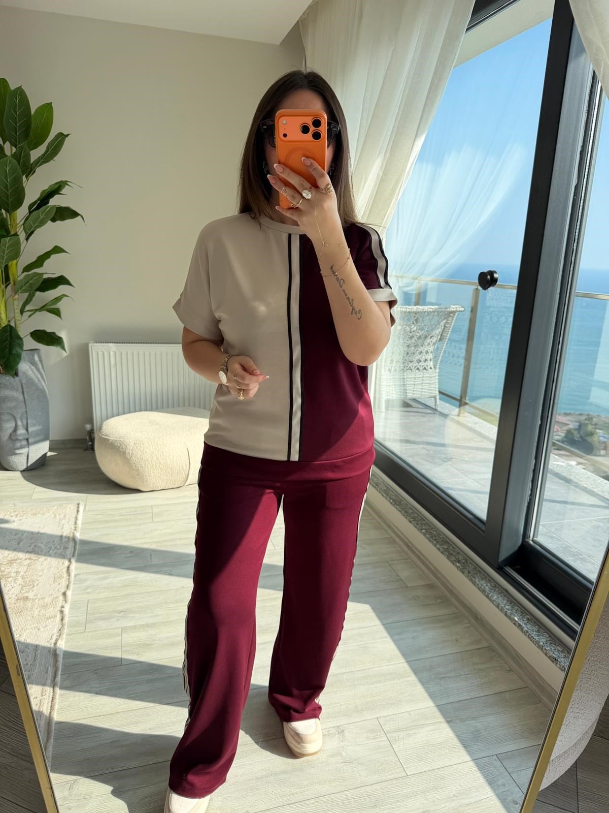 2402 Kısa Kollu Garnili Omuz Detay Takım BORDO