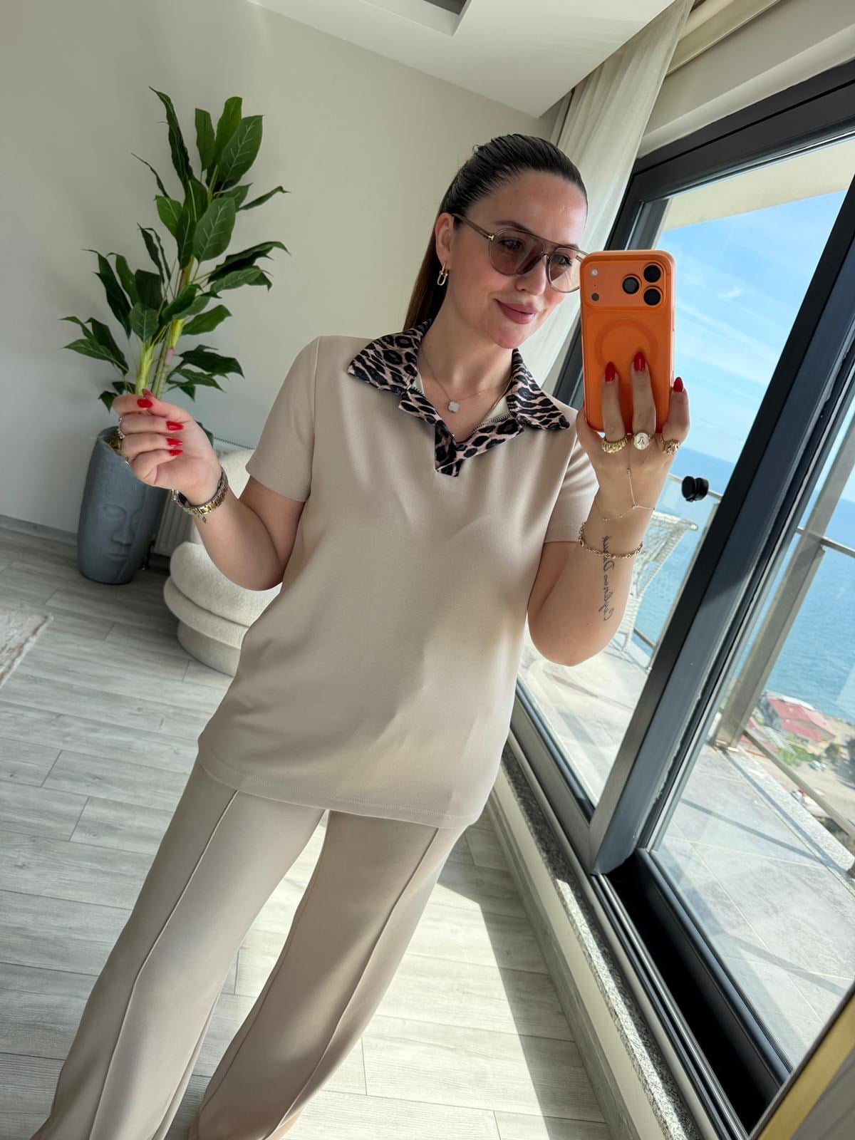 2414 Leopar Garnili Polo Yaka Takım BEJ