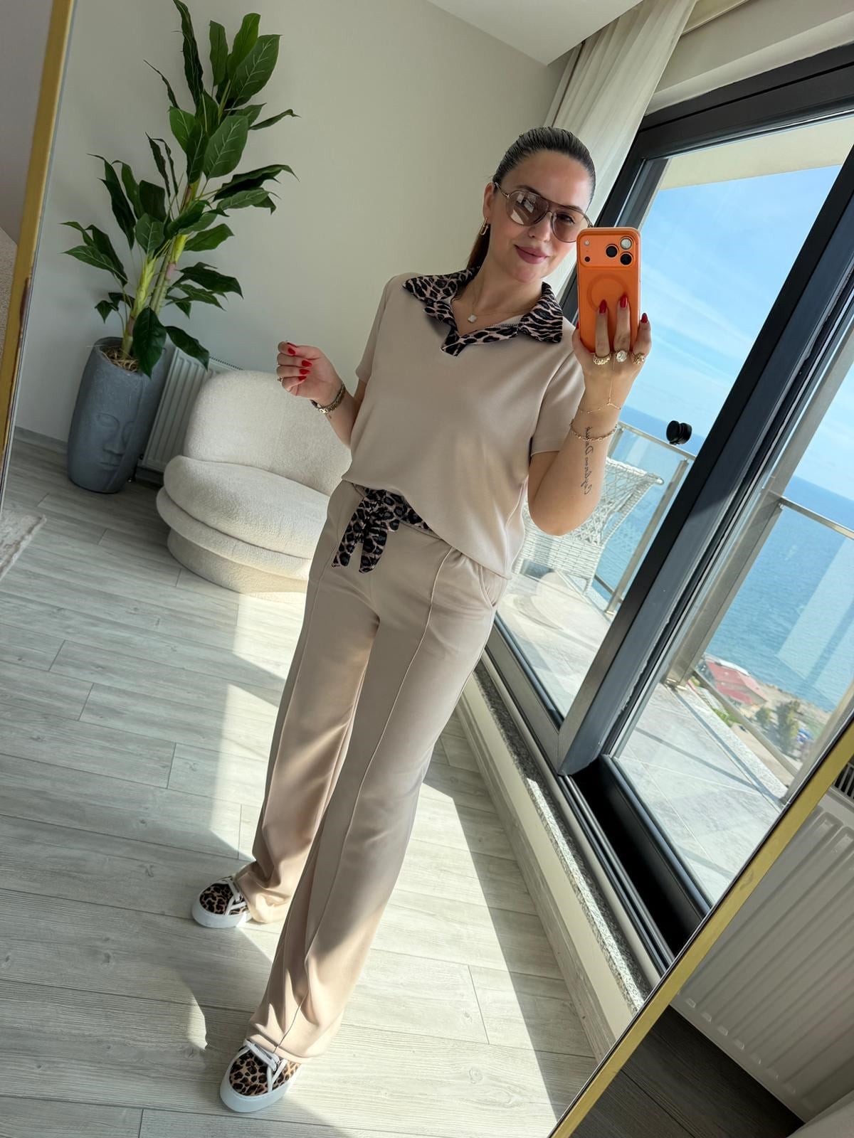 2414 Leopar Garnili Polo Yaka Takım BEJ