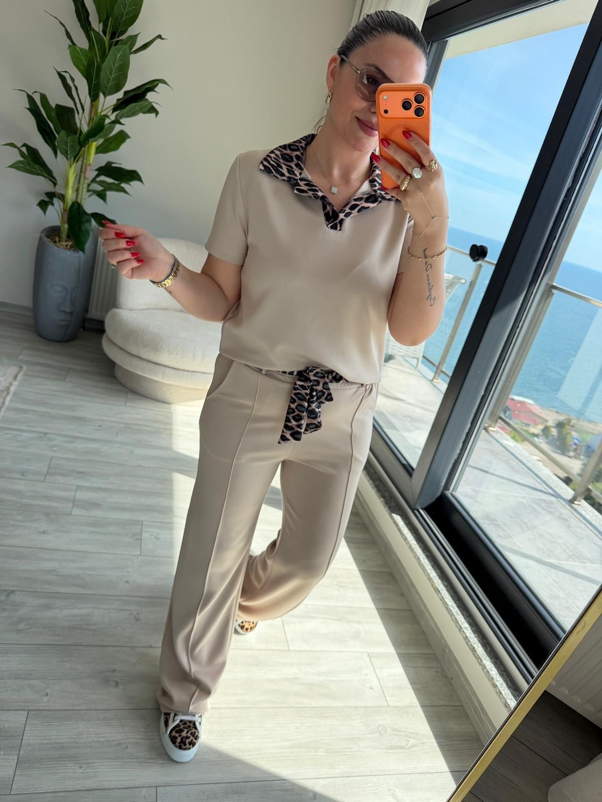 2414 Leopar Garnili Polo Yaka Takım BEJ