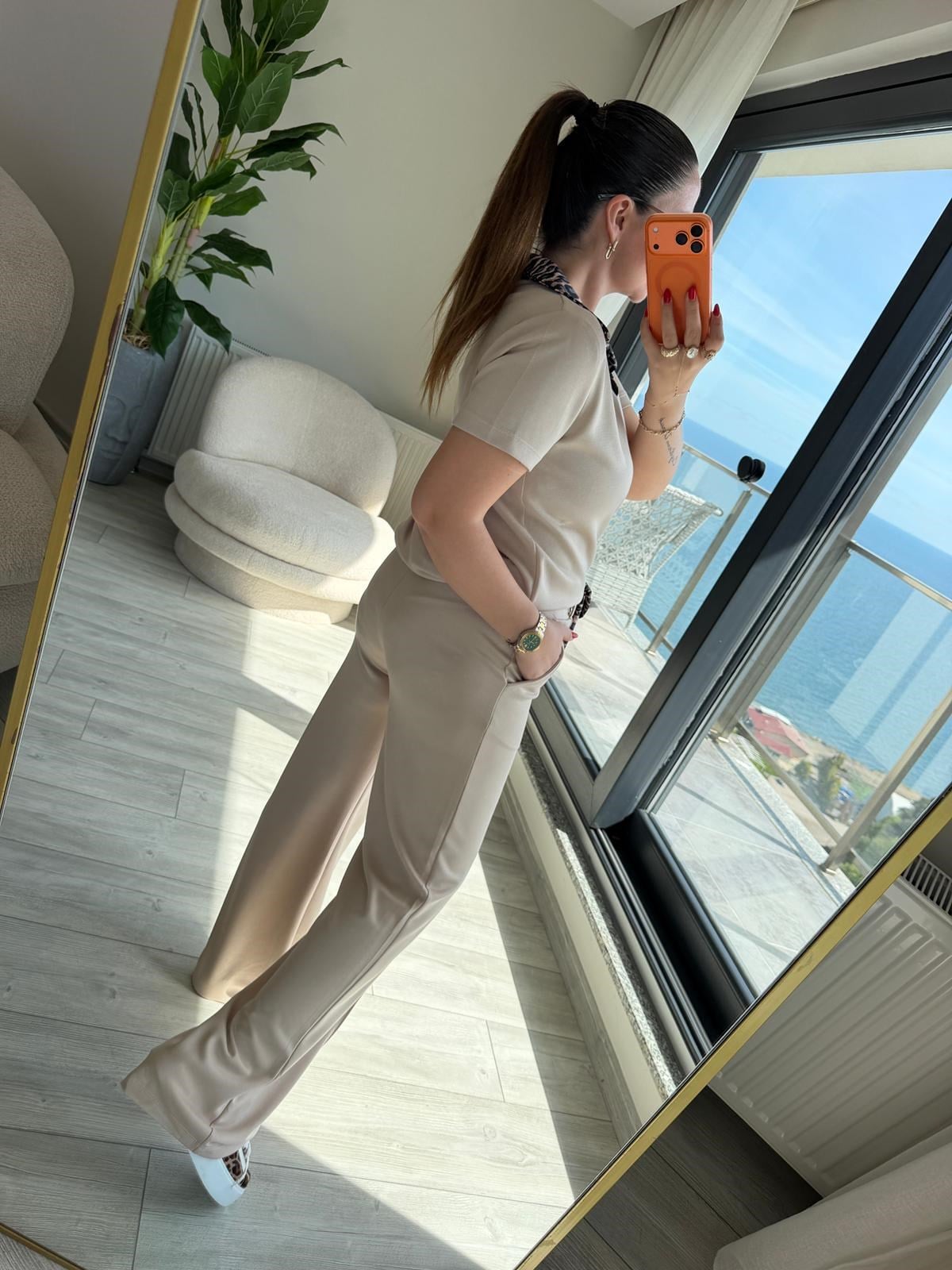 2414 Leopar Garnili Polo Yaka Takım BEJ