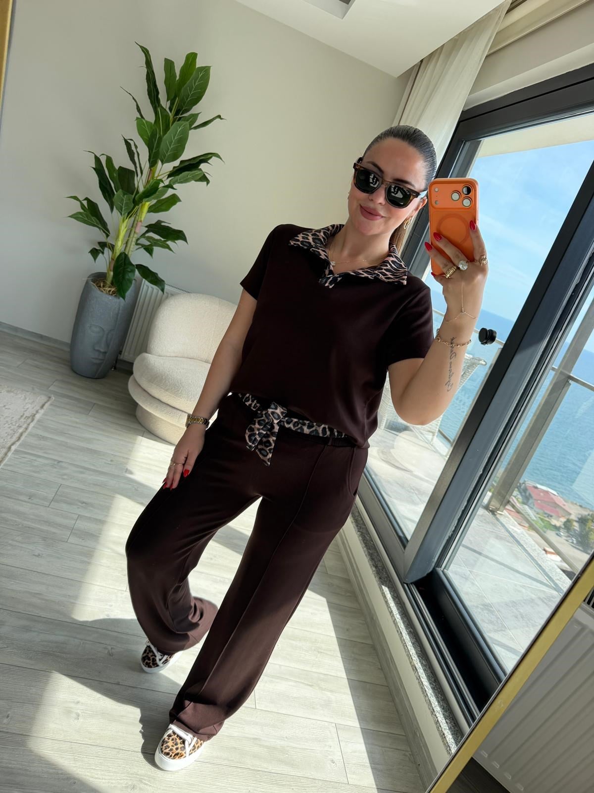 2414 Leopar Garnili Polo Yaka Takım KAHVE