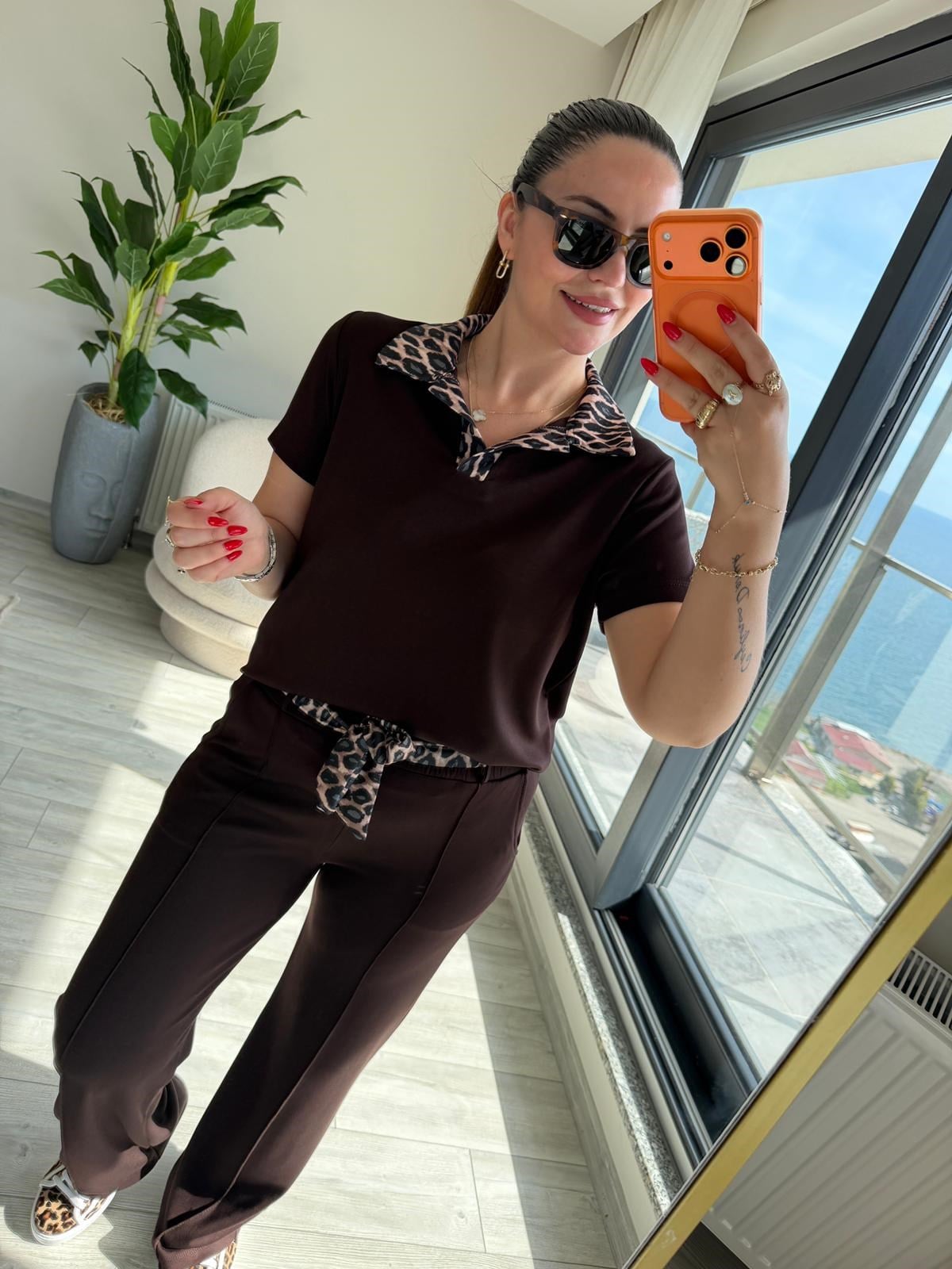 2414 Leopar Garnili Polo Yaka Takım KAHVE