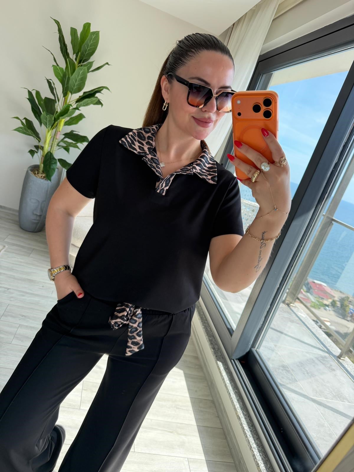 2414 Leopar Garnili Polo Yaka Takım SİYAH
