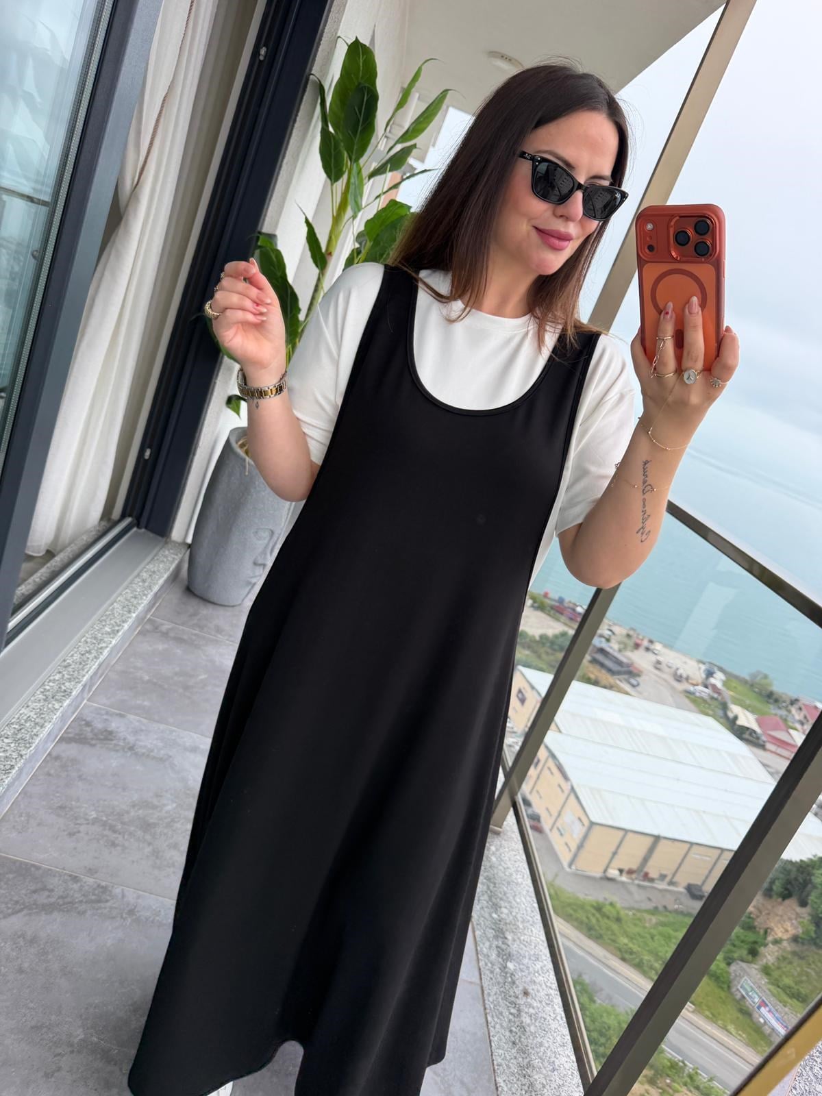 2435 Salopet Elbise Tshirt Takım SİYAH