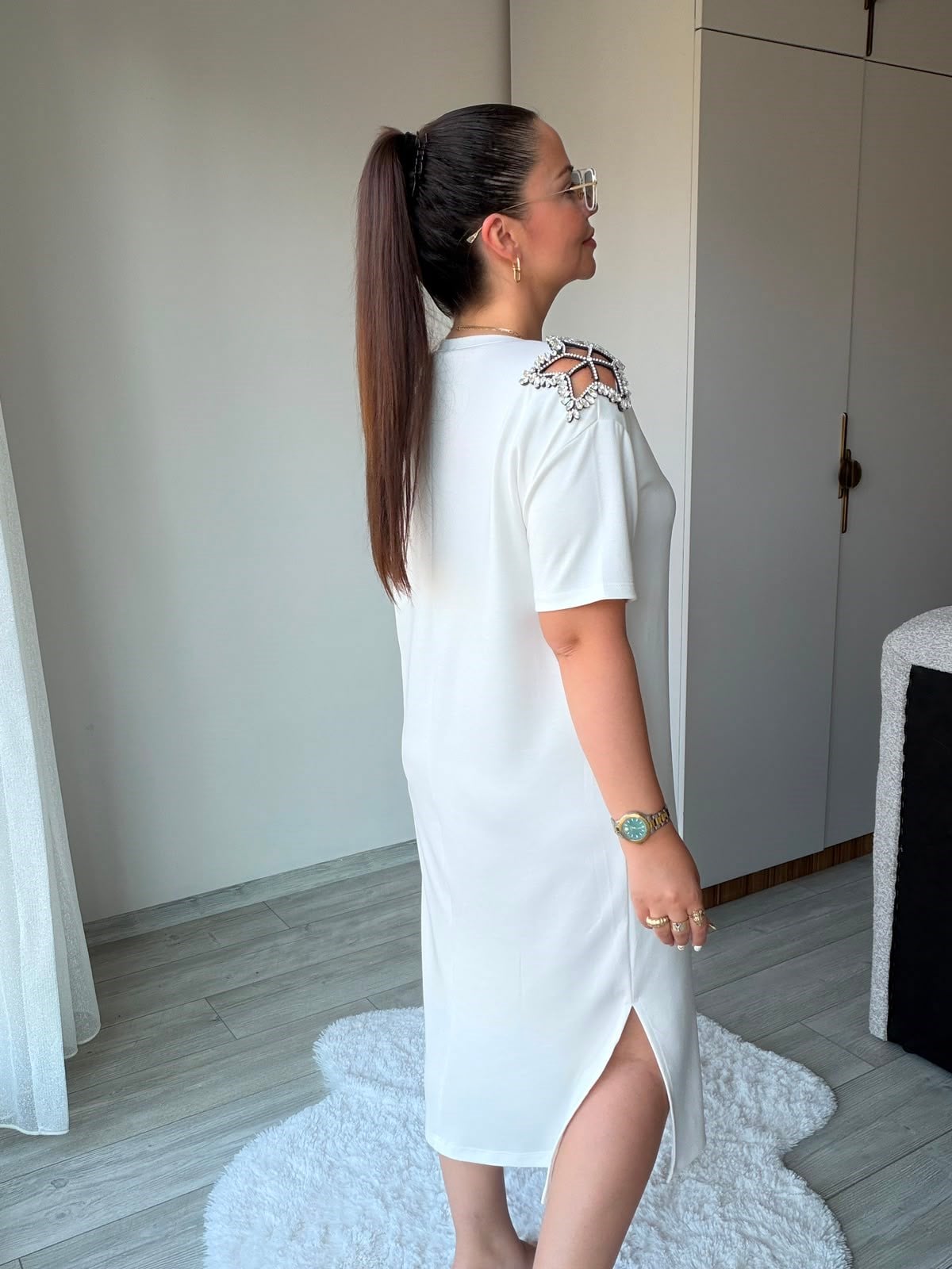 2441 Yıldız Taşlı Elbise BEYAZ