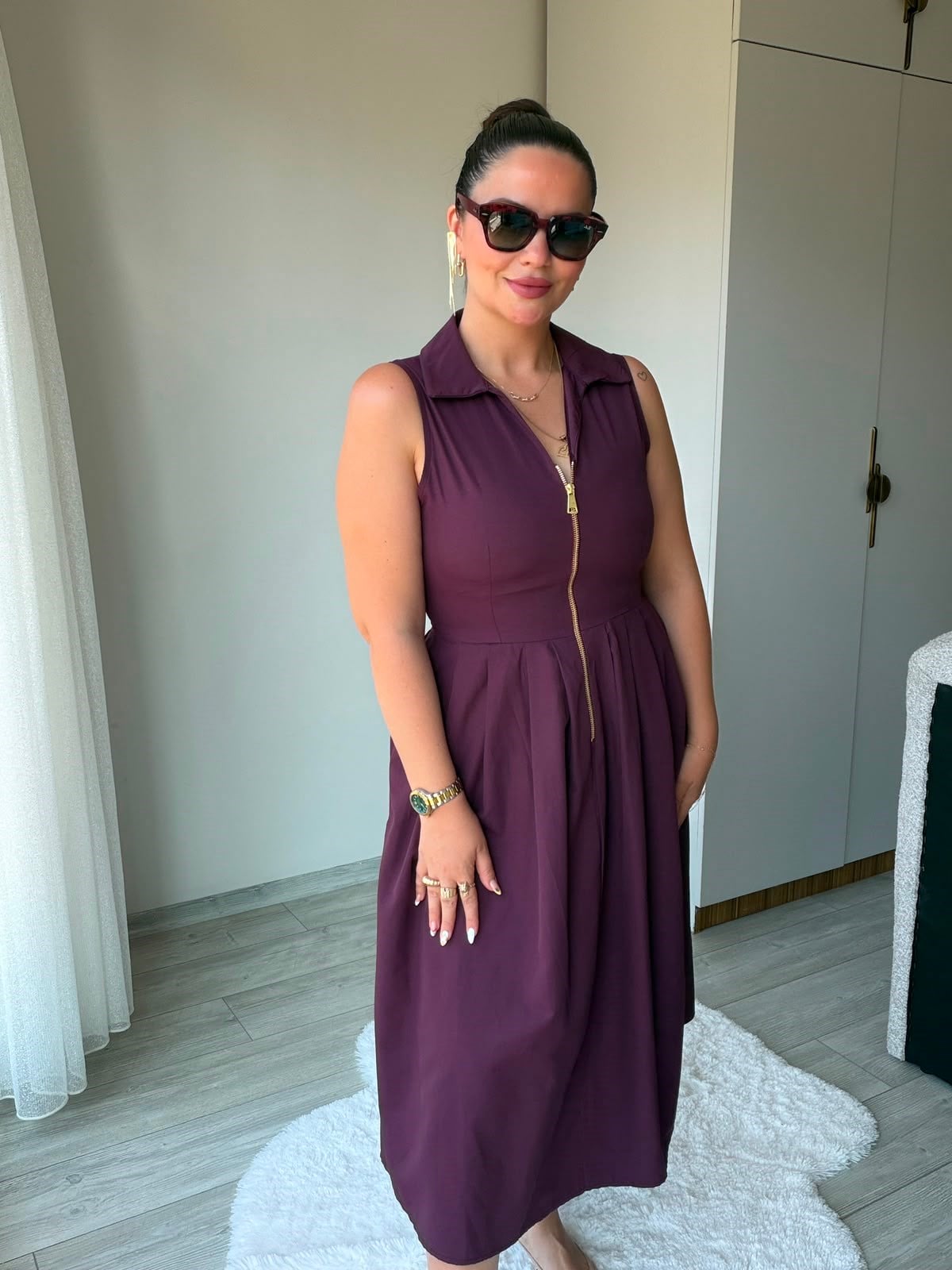 2452 Poplin Fermuarlı Elbise BORDO