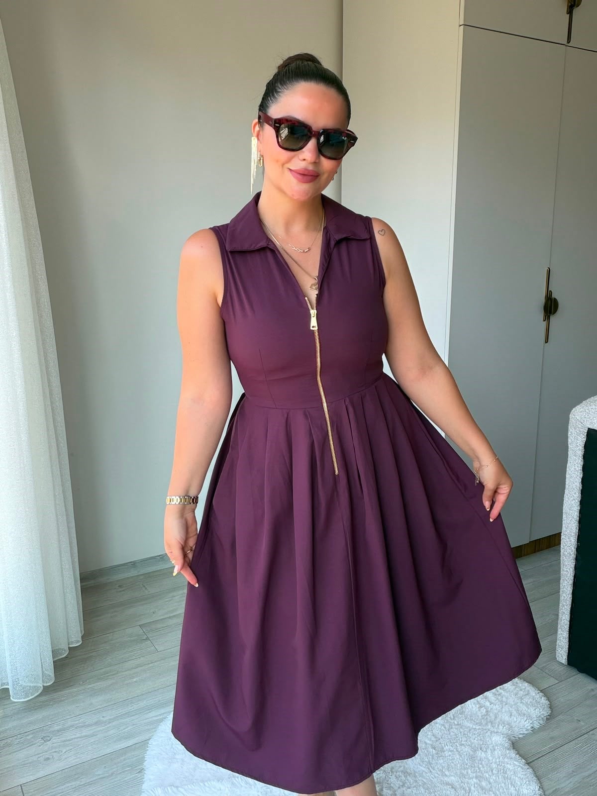 2452 Poplin Fermuarlı Elbise BORDO