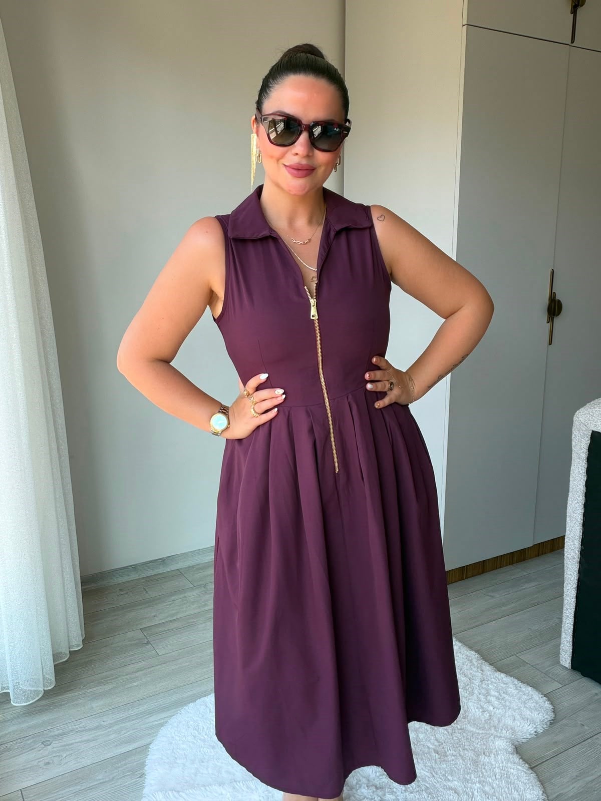 2452 Poplin Fermuarlı Elbise BORDO