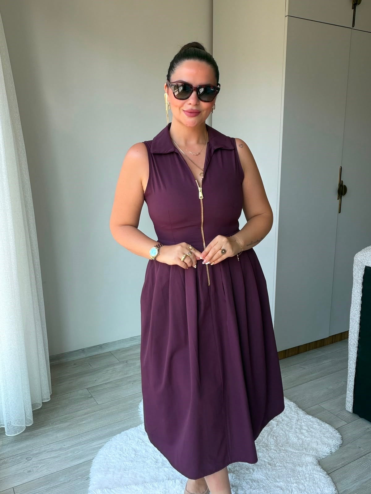 2452 Poplin Fermuarlı Elbise BORDO