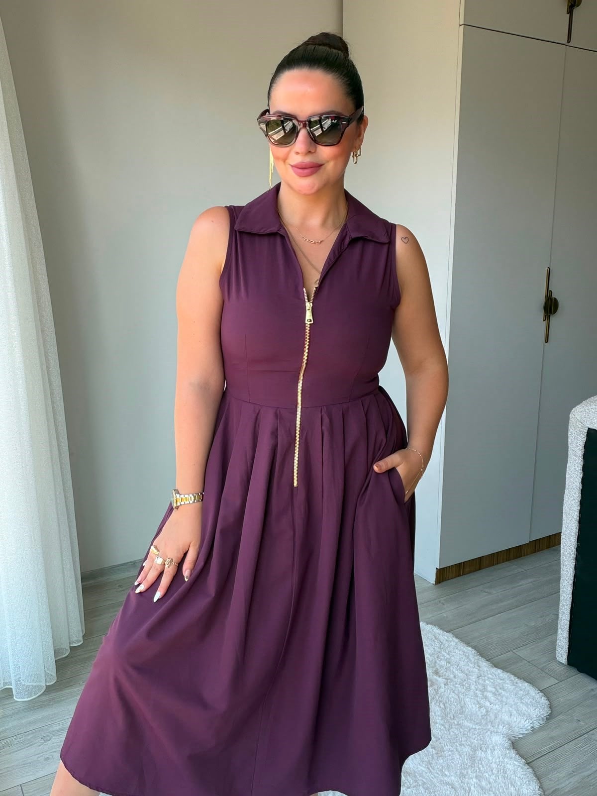 2452 Poplin Fermuarlı Elbise BORDO