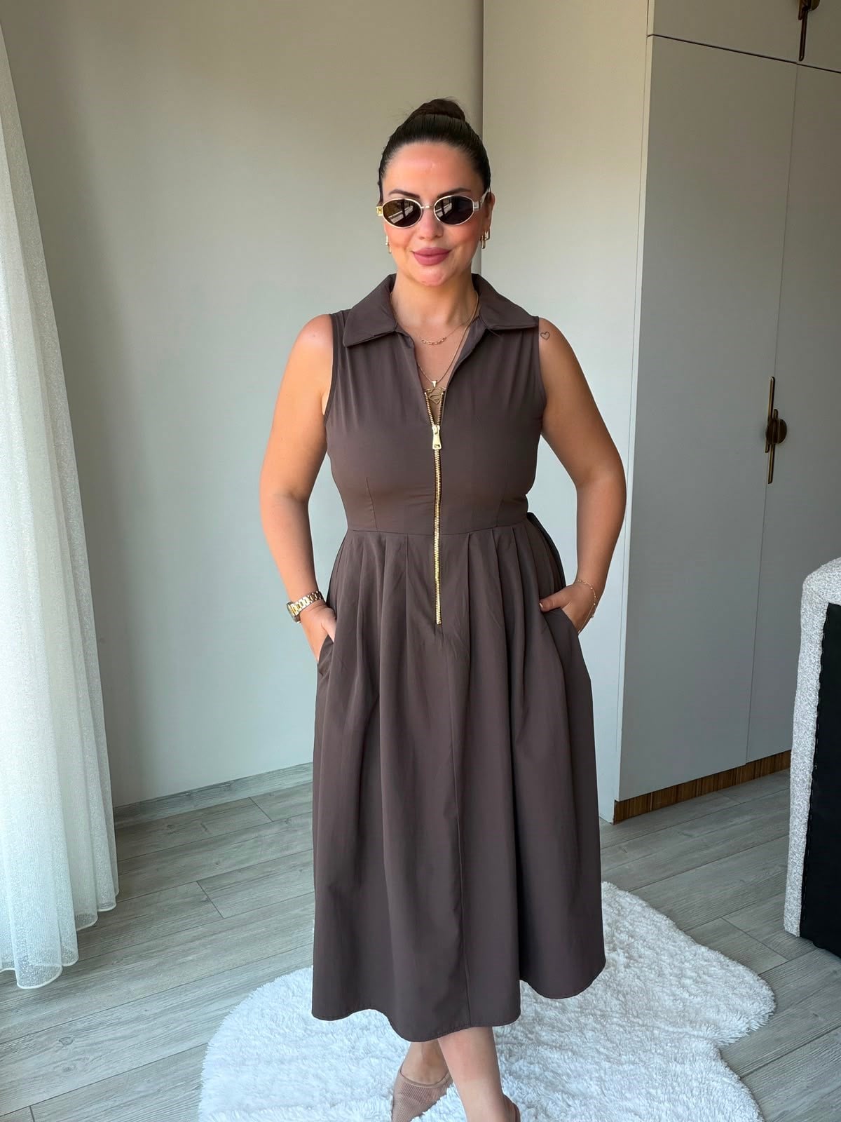 2452 Poplin Fermuarlı Elbise KAHVE