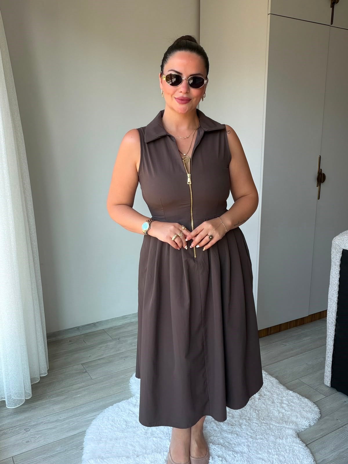 2452 Poplin Fermuarlı Elbise KAHVE