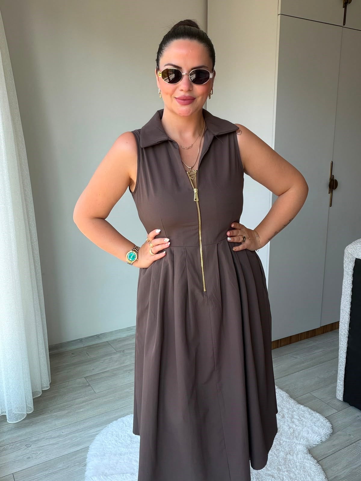 2452 Poplin Fermuarlı Elbise KAHVE