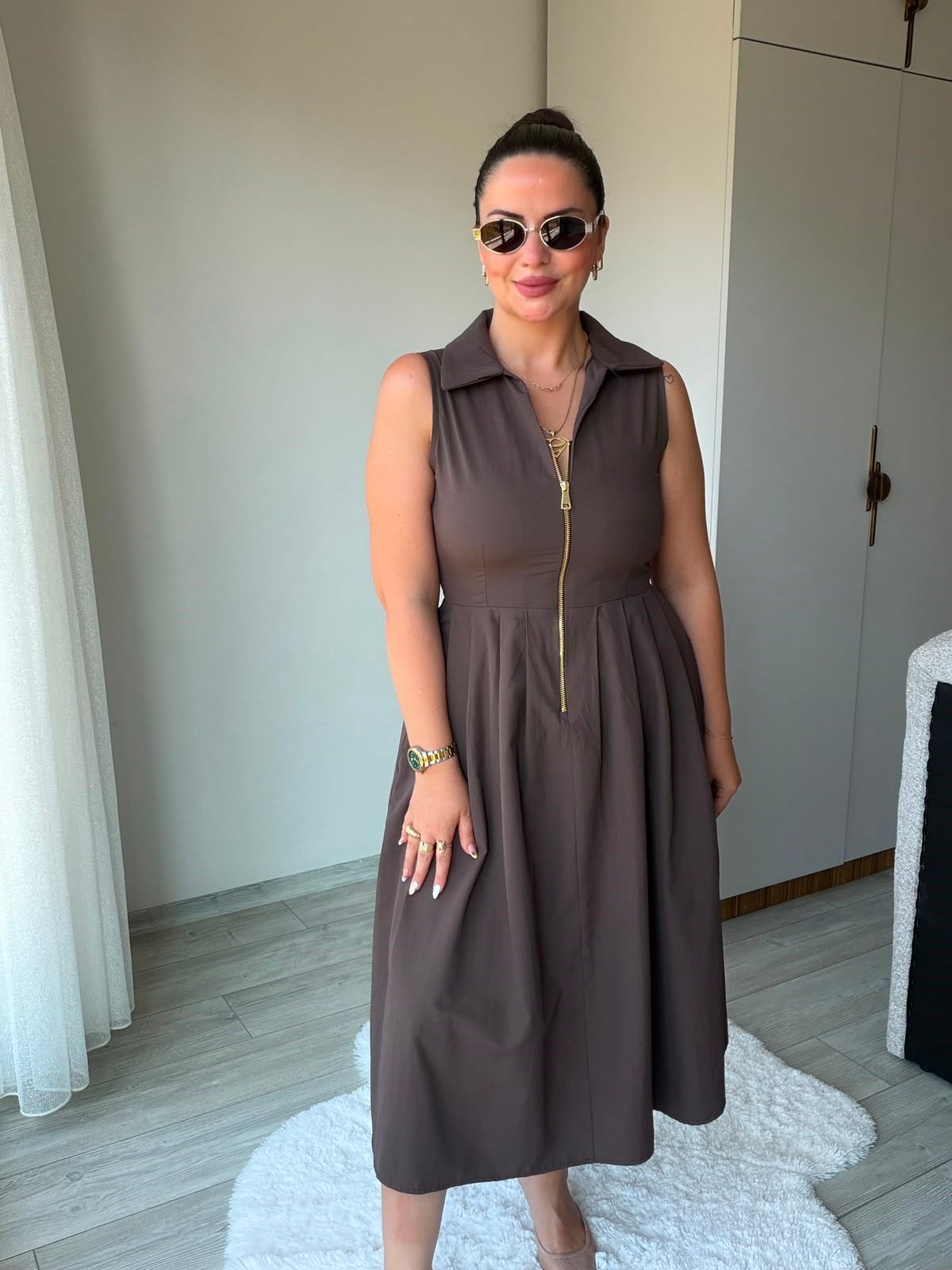 2452 Poplin Fermuarlı Elbise KAHVE