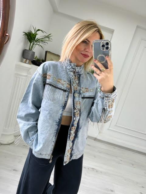 2452 Püsküllü Nakışlı Denim Ceket BUZ MAVİSİ