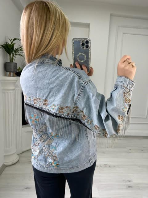 2452 Püsküllü Nakışlı Denim Ceket BUZ MAVİSİ