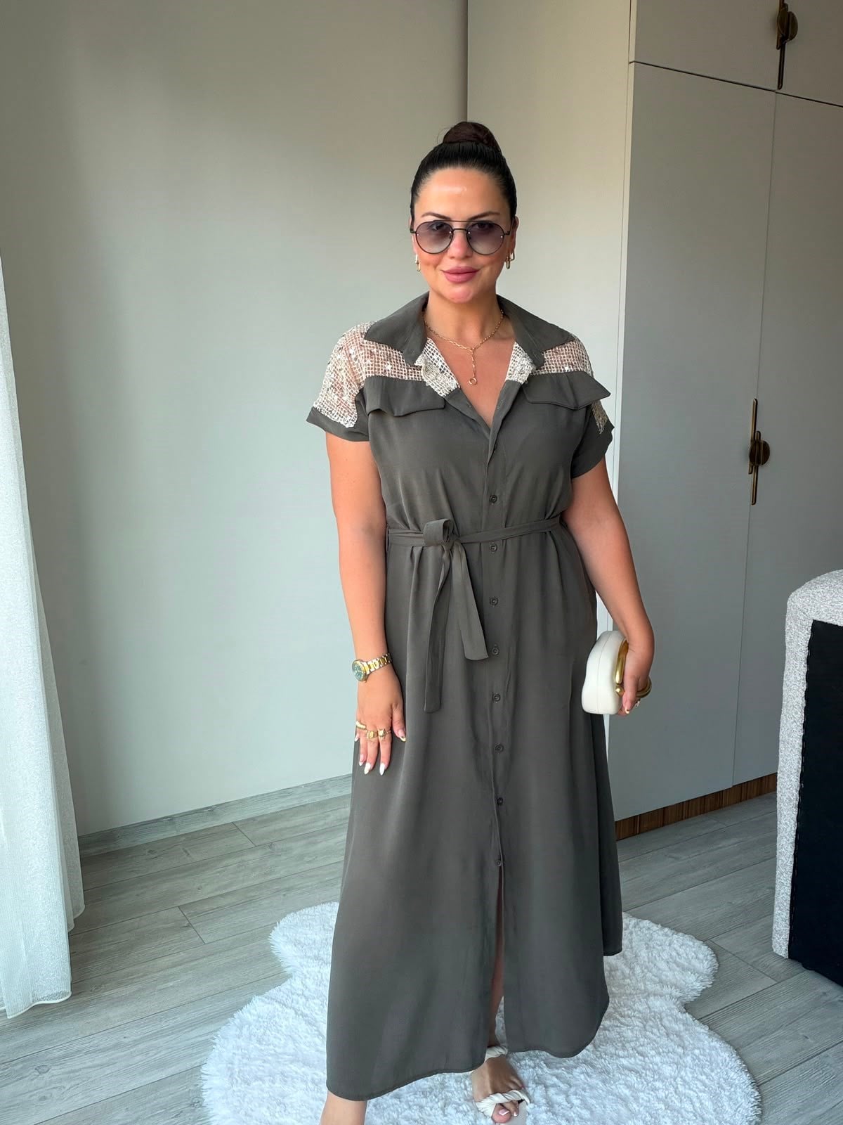 2459 Pullu Fileli Gömlek Elbise HAKİ YEŞİL
