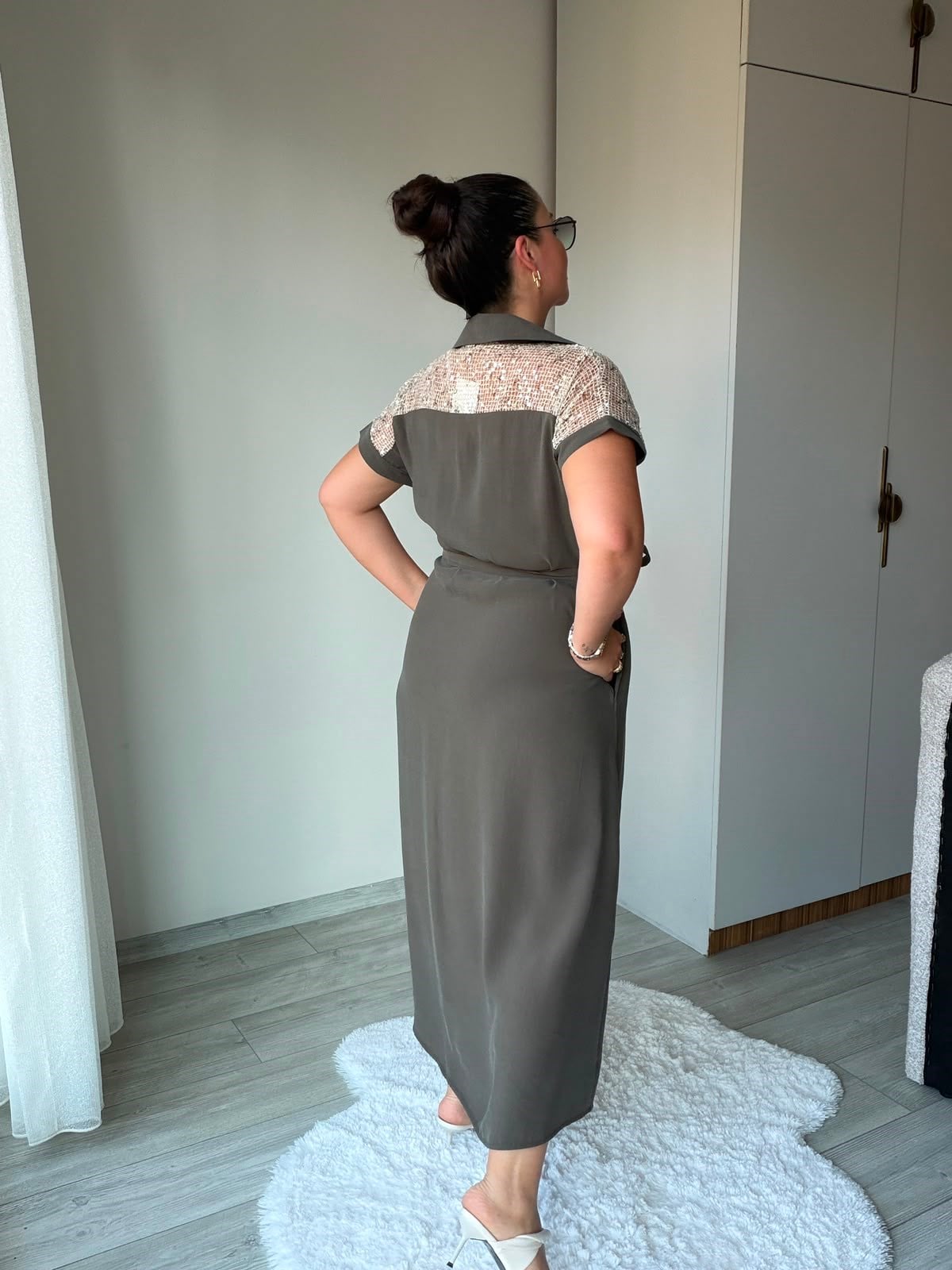 2459 Pullu Fileli Gömlek Elbise HAKİ YEŞİL