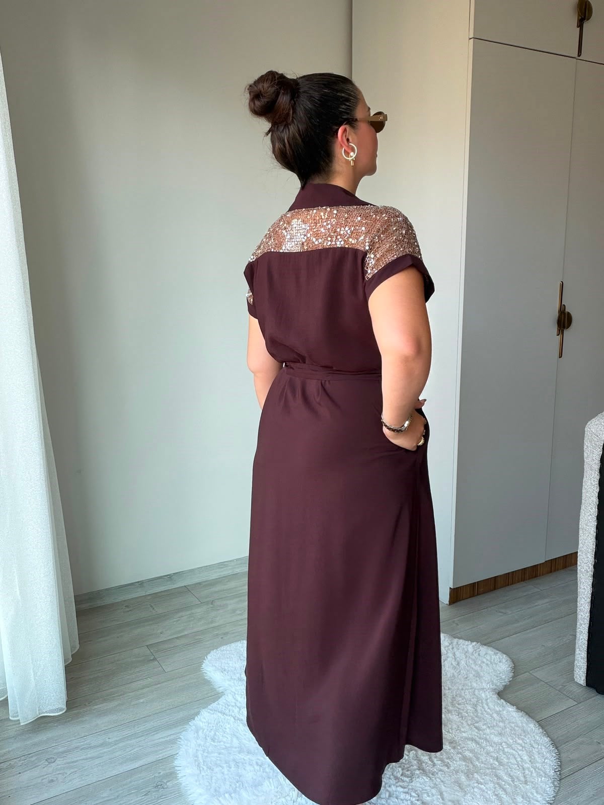 2459 Pullu Fileli Gömlek Elbise KAHVE