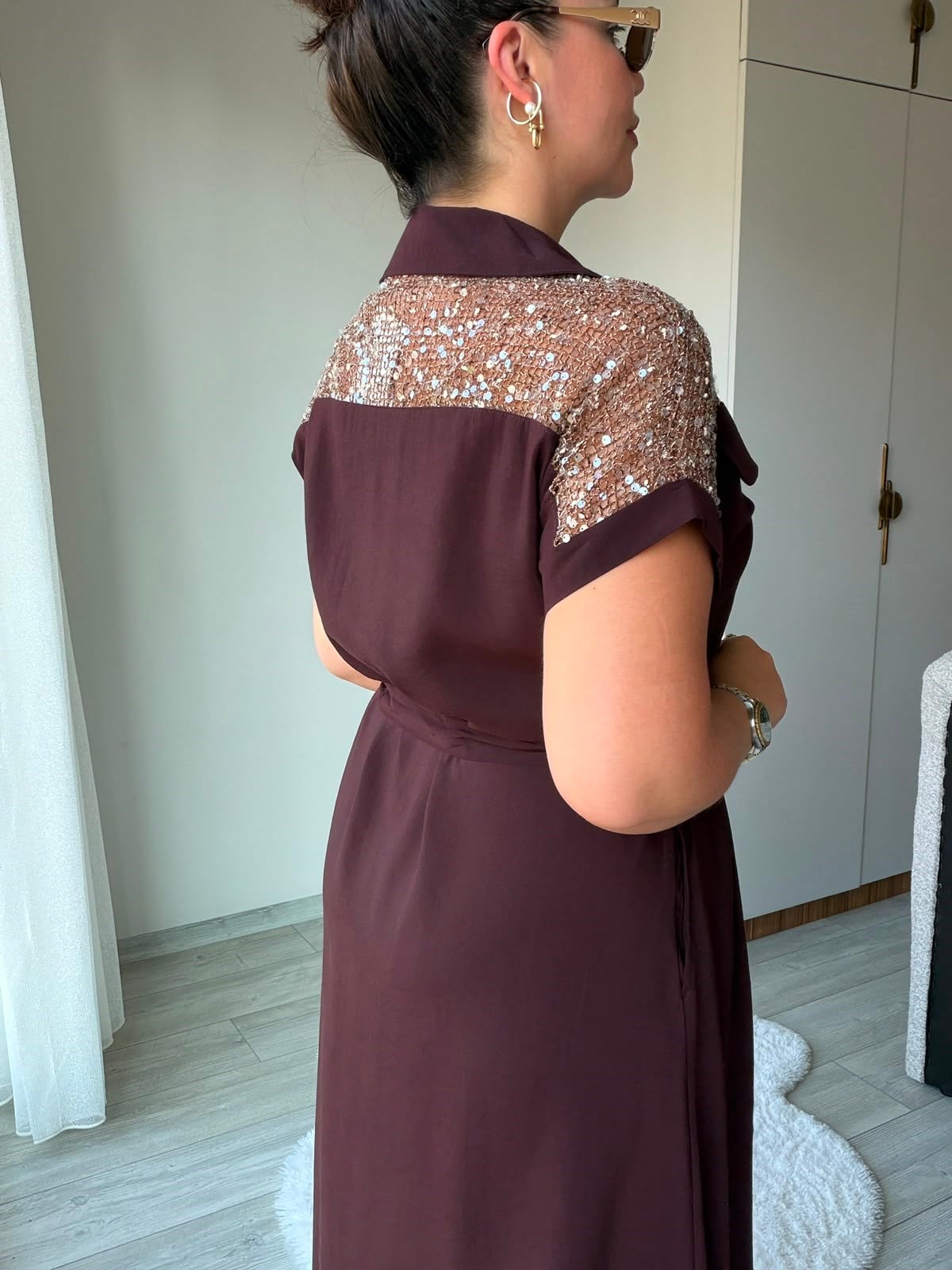 2459 Pullu Fileli Gömlek Elbise KAHVE