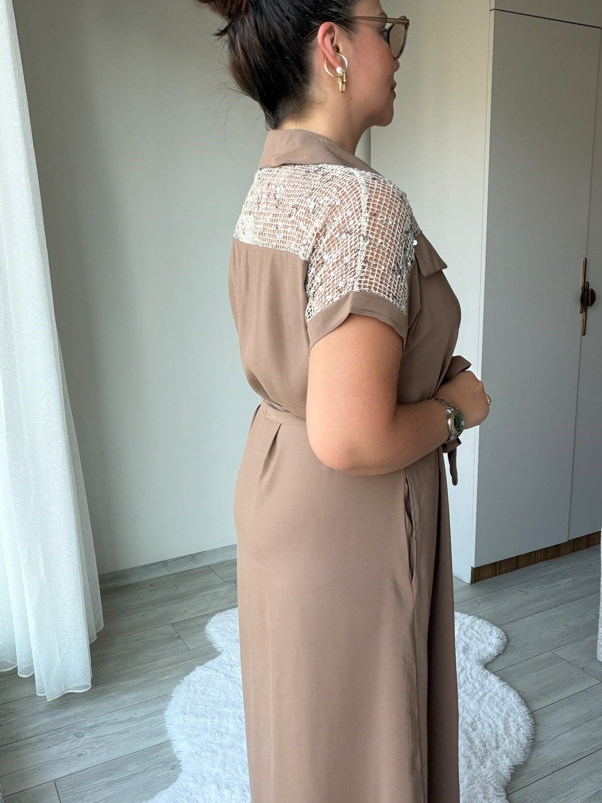 2459 Pullu Fileli Gömlek Elbise TAŞ