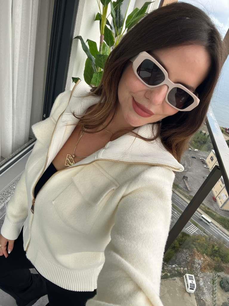 25421 Fermuarlı Triko Ceket EKRU