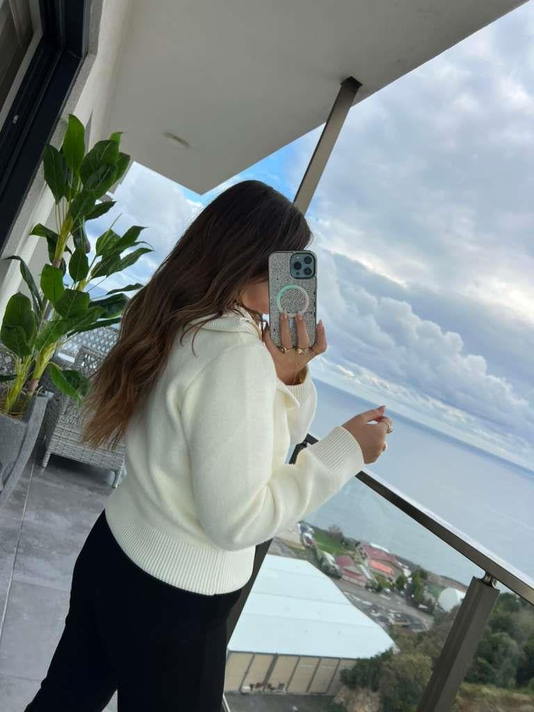 25421 Fermuarlı Triko Ceket EKRU