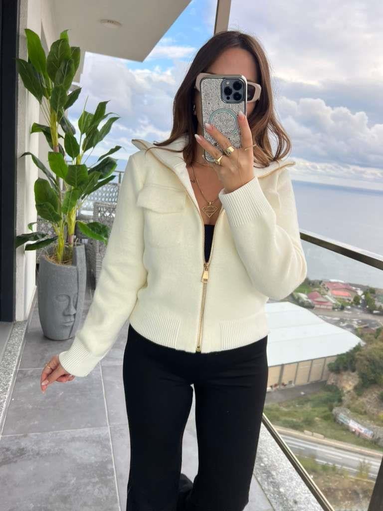 25421 Fermuarlı Triko Ceket EKRU