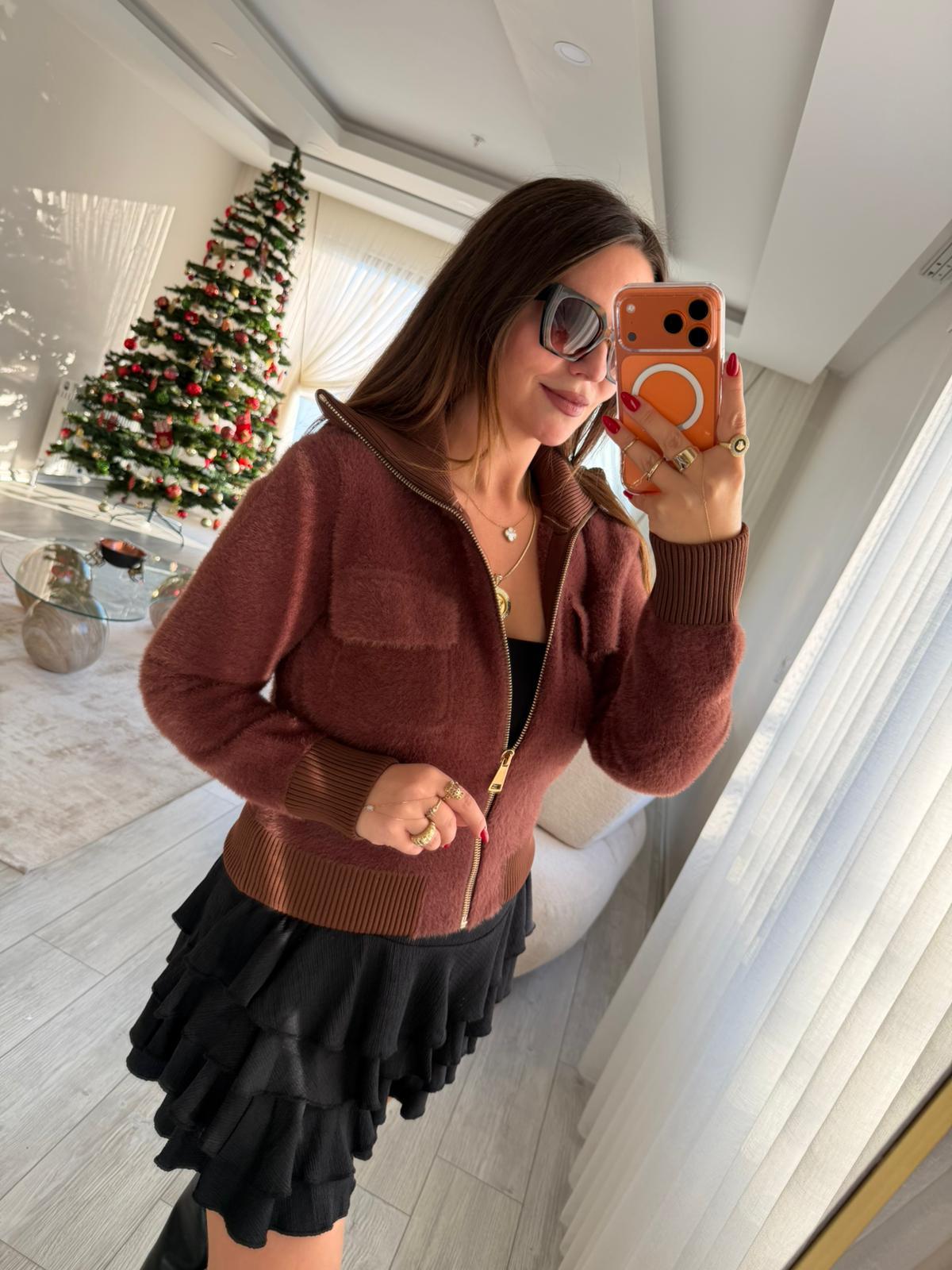 25421 Fermuarlı Triko Ceket KAHVE