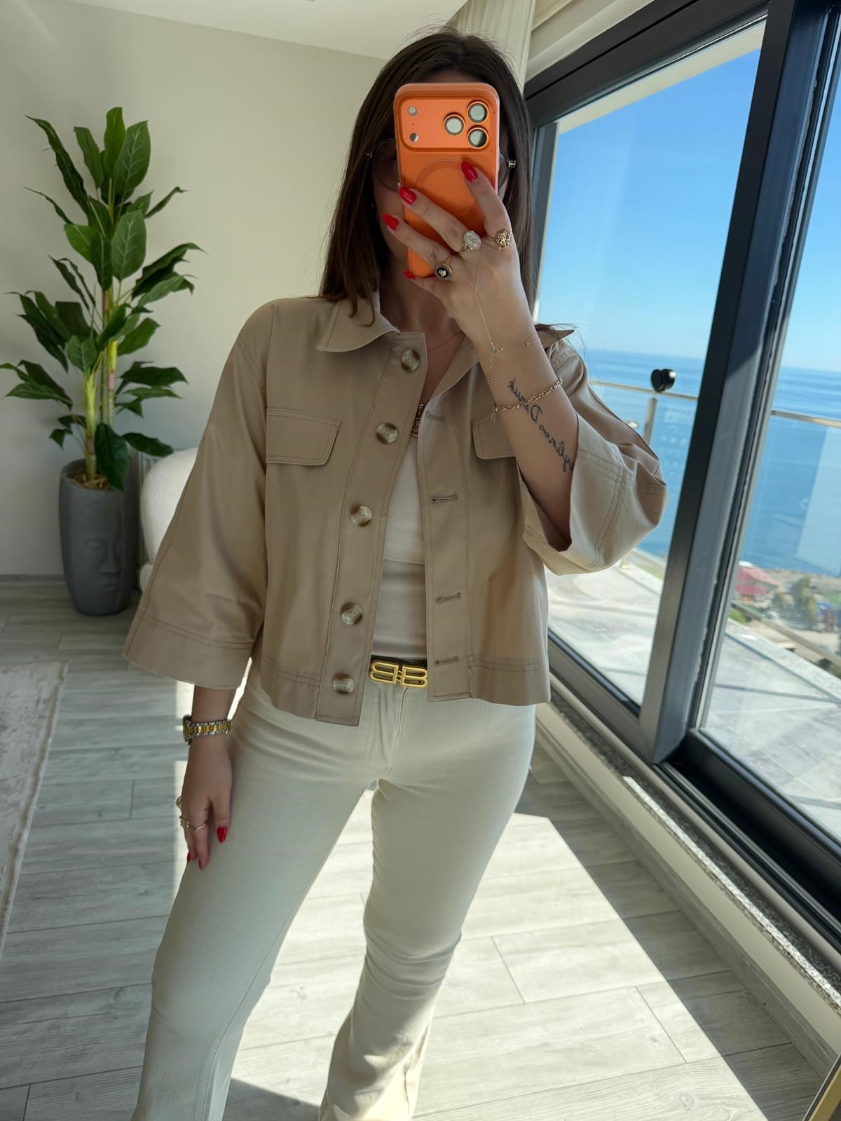 2615 Gabardin Crop Ceket VİZON