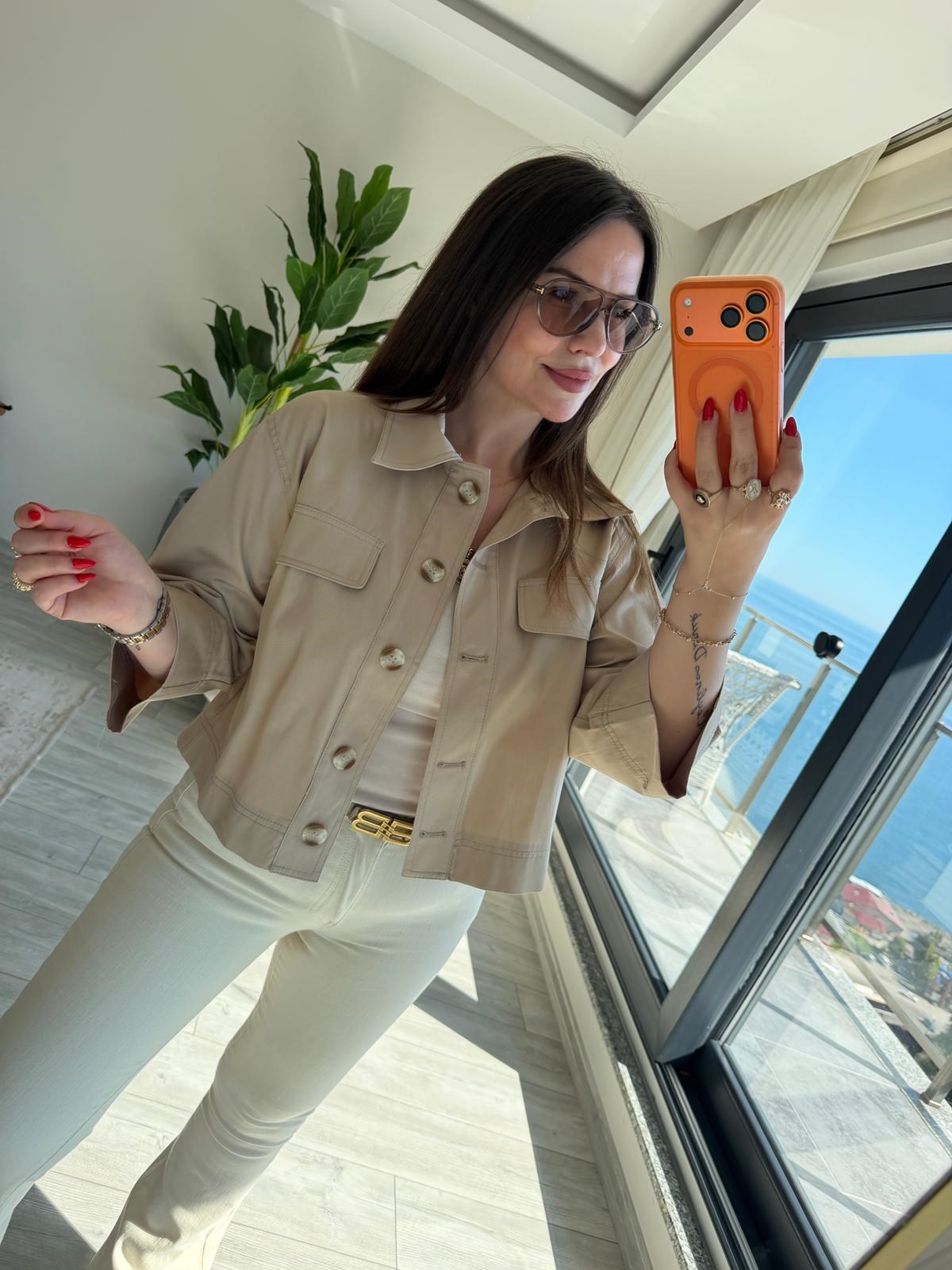2615 Gabardin Crop Ceket VİZON