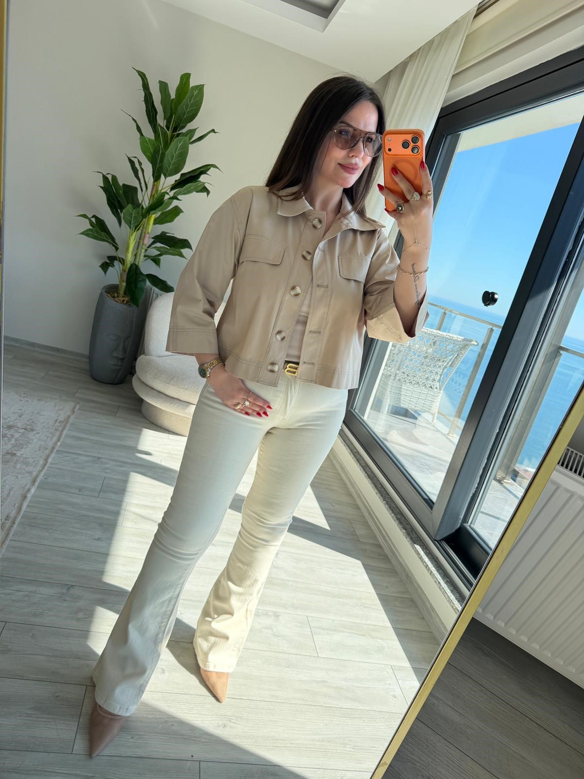2615 Gabardin Crop Ceket VİZON