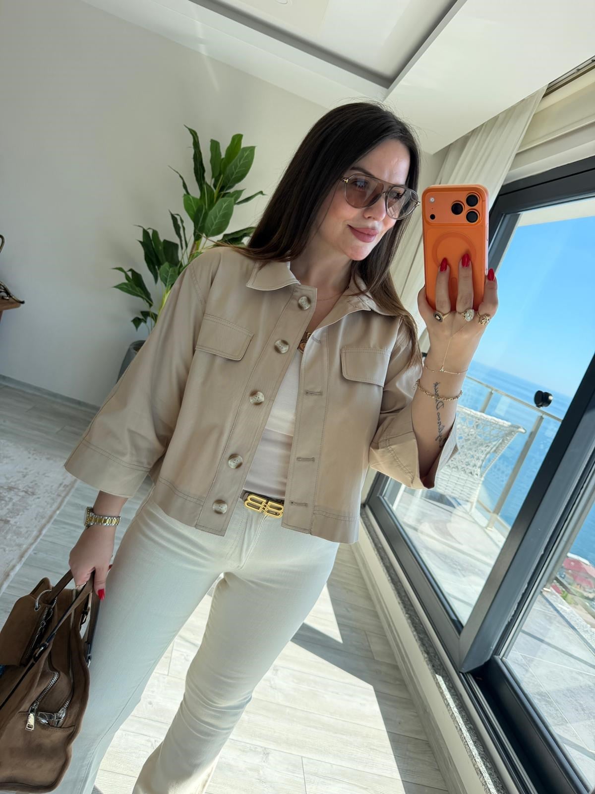 2615 Gabardin Crop Ceket VİZON
