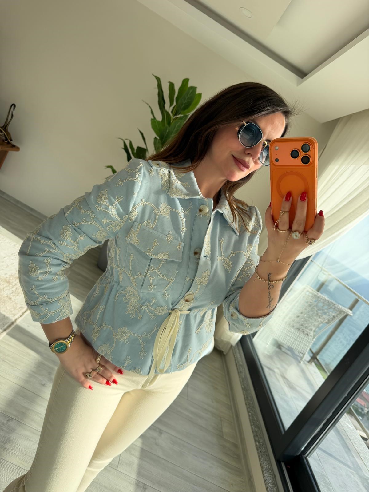 2619 Keten Bomber Ceket BEBE MAVİ