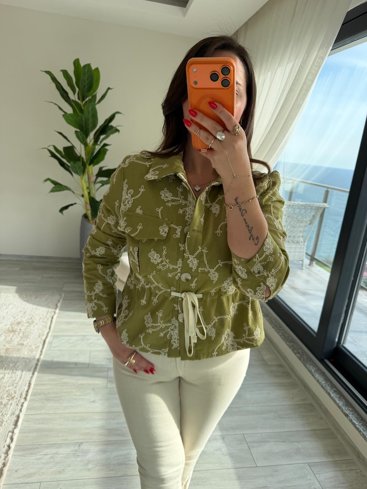 2619 Keten Bomber Ceket olive