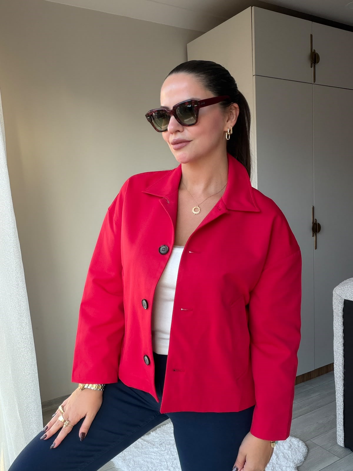 2653 Gabardin Düğmeli Bamber Ceket KIRMIZI