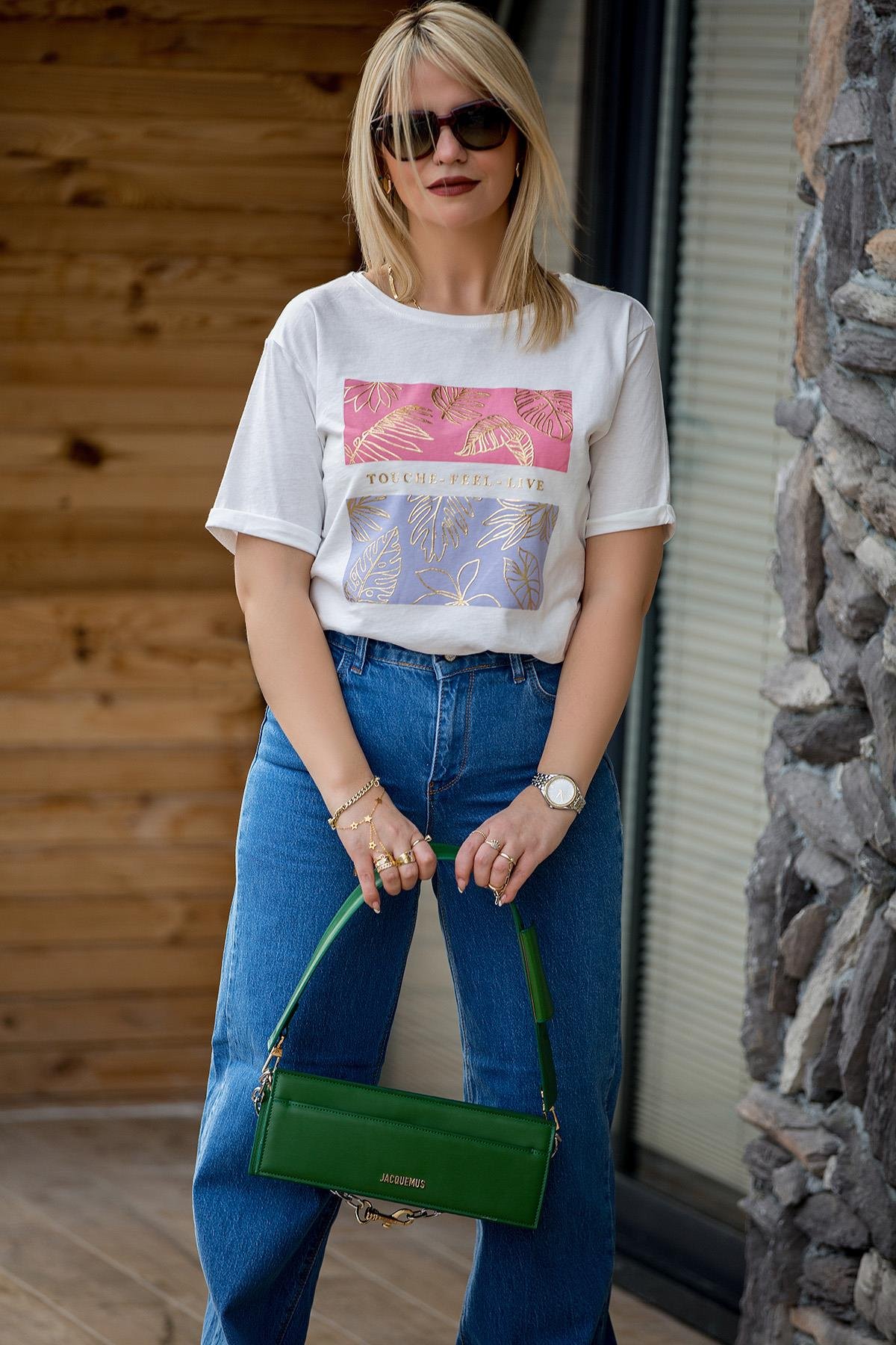 27072 Sıfır Yaka Önü Yaprak Desen Tshirt BEYAZ