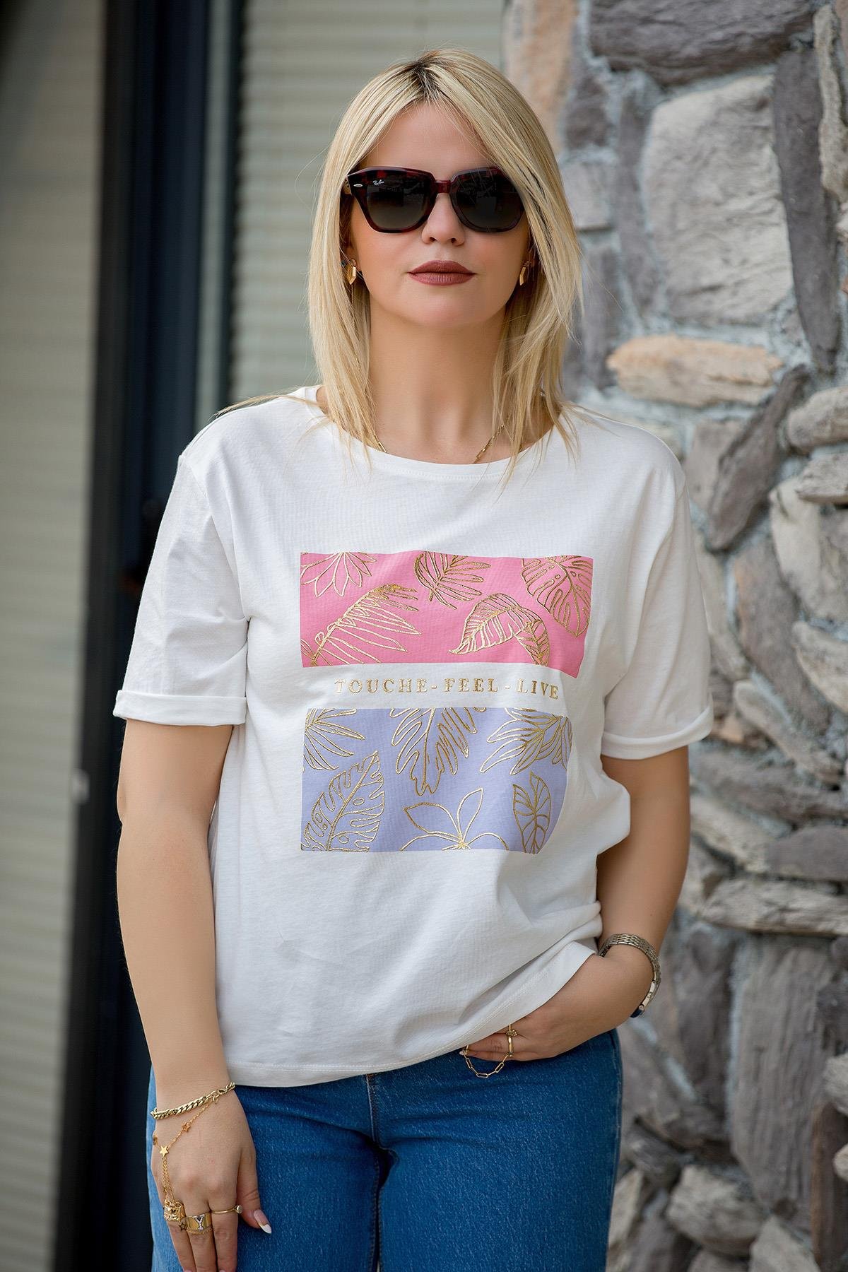 27072 Sıfır Yaka Önü Yaprak Desen Tshirt BEYAZ