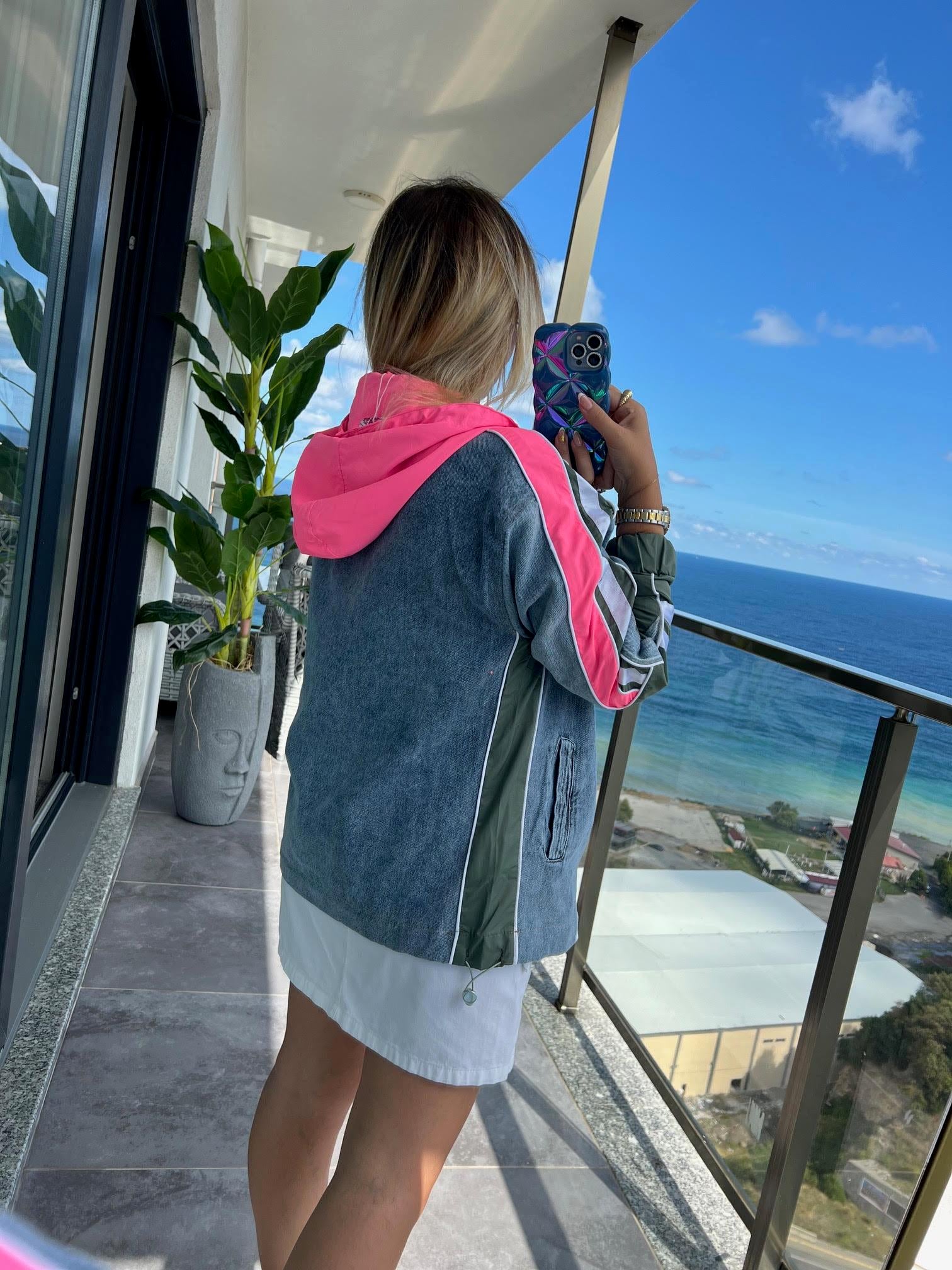 2717 Şeritli Mix Ceket PEMBE