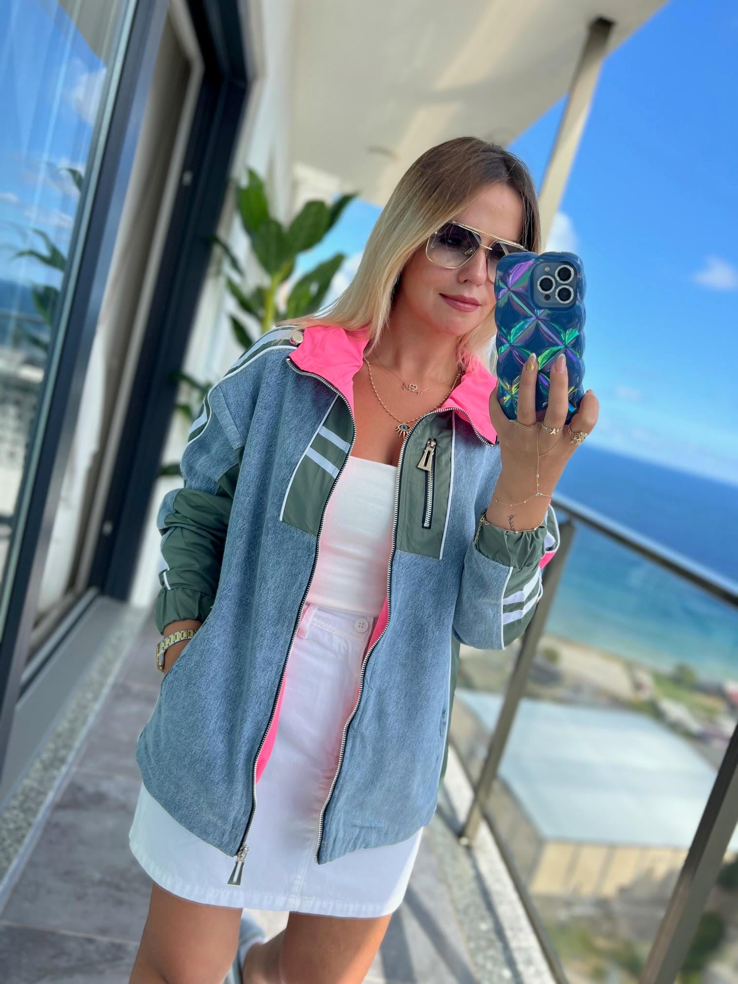 2717 Şeritli Mix Ceket PEMBE